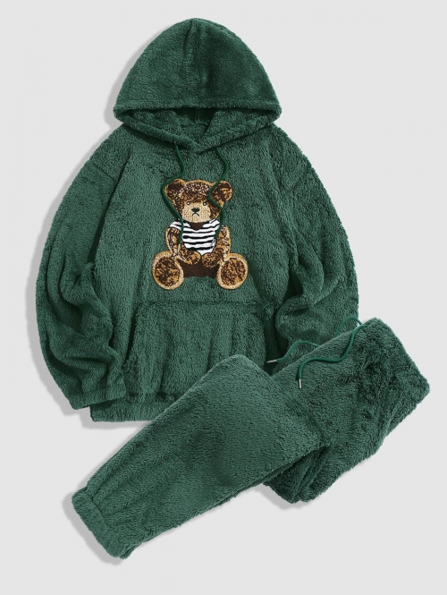 ZAFUL Men's Bear Pattern Pullover Fluffy Teddy Hoodie and Beam Feet Pants Faux Fur Set Deep green