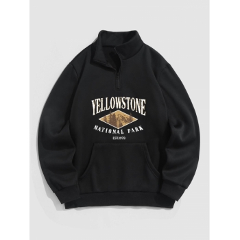 ZAFUL Men's YELLOWSTONE NATIONAL PARK Trees Graphic Pattern Quarter Zip Fleece-lined Sweatshirt M Black