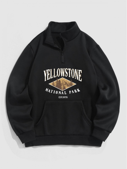 ZAFUL Men's YELLOWSTONE NATIONAL PARK Trees Graphic Pattern Quarter Zip Fleece-lined Sweatshirt L Black