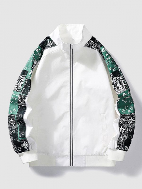 ZAFUL Men's Tribal Floral Raglan Sleeve Reflective Design Bomber Jacket M White