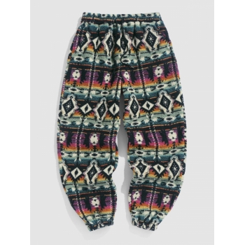 ZAFUL Men's ZAFUL Ethnic Aztec Printed Fuzzy Fleece Elastic Cuff Pants Xxl Multi a