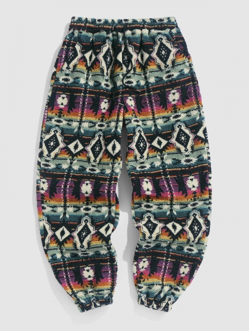 ZAFUL Men's ZAFUL Ethnic Aztec Printed Fuzzy Fleece Elastic Cuff Pants Xxl Multi a