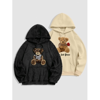 ZAFUL Men's 2Pcs Bear Terry Embroidered Fluffy Teddy Rose Graphic Pattern Fleece-lined Hoodie Light coffee