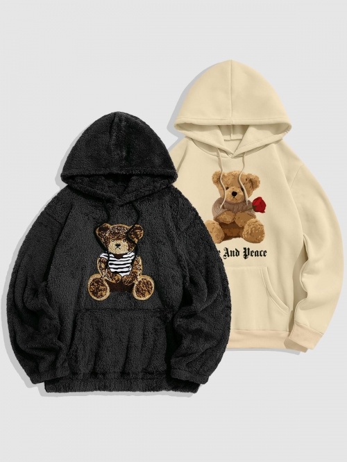 ZAFUL Men's 2Pcs Bear Terry Embroidered Fluffy Teddy Rose Graphic Pattern Fleece-lined Hoodie Light coffee