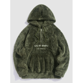 ZAFUL Men's ZAFUL LOS ANGELES Embroidery Quarter Zip Fluffy Pullover Hoodie S Deep green