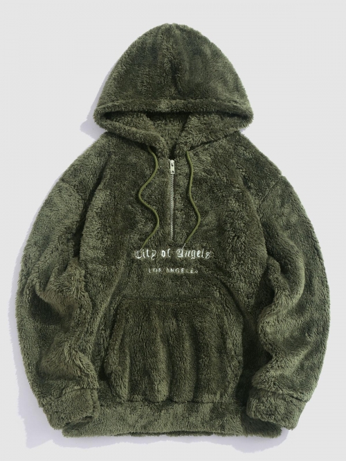 ZAFUL Men's ZAFUL LOS ANGELES Embroidery Quarter Zip Fluffy Pullover Hoodie S Deep green