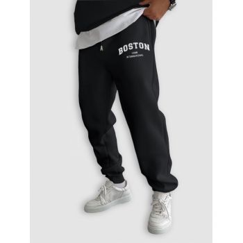 ZAFUL Men's BOSTON Letter Fleece Thermal Lined Jogger Sweatpants L Black