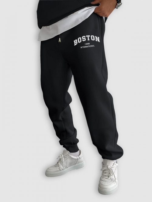 ZAFUL Men's BOSTON Letter Fleece Thermal Lined Jogger Sweatpants L Black