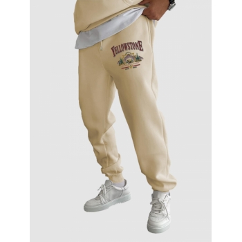 ZAFUL Men's YELLOWSTONE NATIONAL PARK Letter Graphic Pattern Fleece-lined Sweatpants S Light coffee