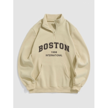 ZAFUL Men's BOSTON Letter Pattern Quarter Zip Design Fleece-lined Sweatshirt Xl Light coffee