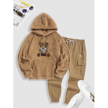 ZAFUL Men's Cartoon Bear Funny Graphic Fluffy Faux Fur Teddy Pullover Hoodie With Jogger Cargo Pants Two Piece Set Coffee