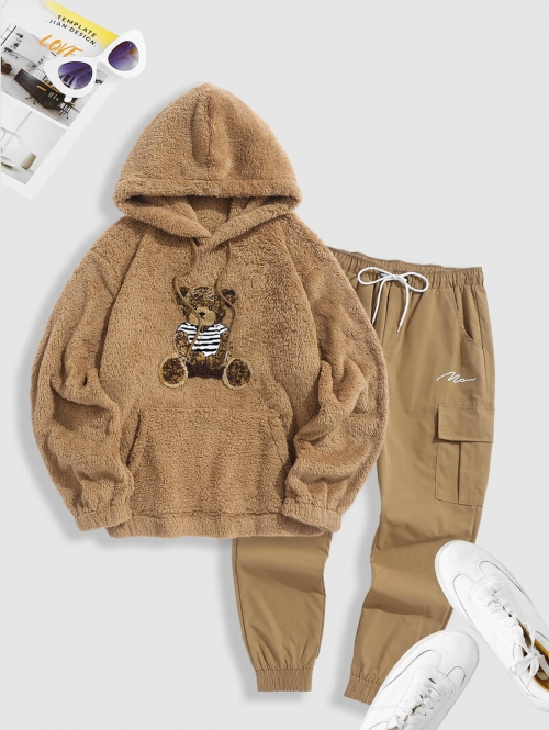 ZAFUL Men's Cartoon Bear Funny Graphic Fluffy Faux Fur Teddy Pullover Hoodie With Jogger Cargo Pants Two Piece Set Coffee