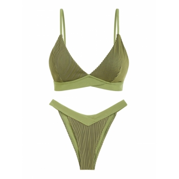 ZAFUL Crossover Two Tone Ribbed High Leg Cheeky Matching Bikini Set Green