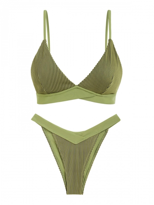 ZAFUL Crossover Two Tone Ribbed High Leg Cheeky Matching Bikini Set Green