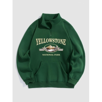 ZAFUL Men's YELLOWSTONE Mountain Graphic Quarter Zip Fleece Lined Sweatshirt S Deep green