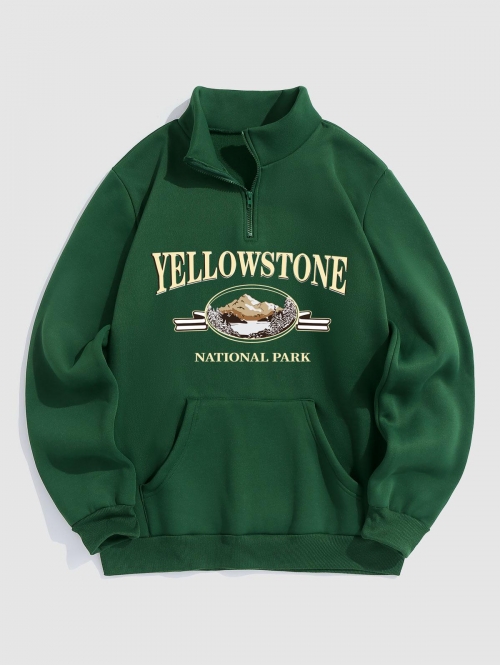 ZAFUL Men's YELLOWSTONE Mountain Graphic Quarter Zip Fleece Lined Sweatshirt S Deep green