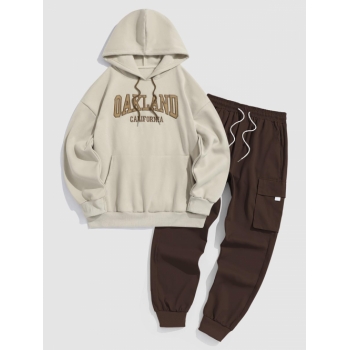 ZAFUL Men's OAKLAND Embroidered Fleece-lined Hoodie with Pocket Techwear Cargo Pants Set Light coffee