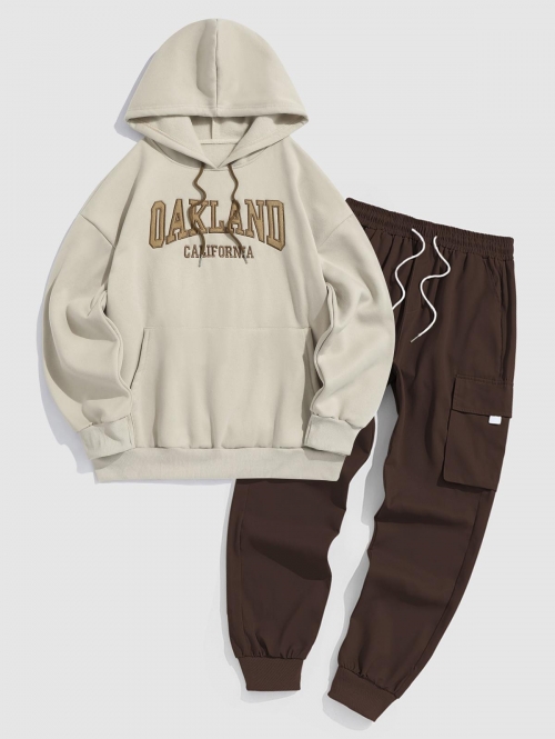 ZAFUL Men's OAKLAND Embroidered Fleece-lined Hoodie with Pocket Techwear Cargo Pants Set Light coffee