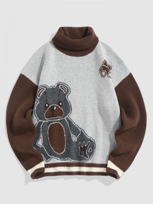 ZAFUL Men's ZAFUL Cartoon Bear Pattern Turtleneck Sweater Xl Coffee