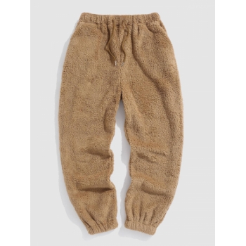 ZAFUL Men's Solid Color Fluffy Teddy Beam Feet Pants L Coffee