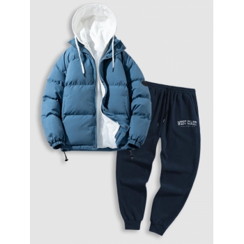 ZAFUL Men's Dual Zip Hooded Pocket Puffer Padded Coat with Fuzzy West Coast Embroidered Polar Fleece Sweatpants Set Blue