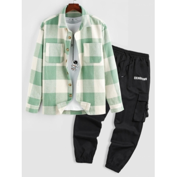 ZAFUL Men's Plaid Pattern Double Pockets Wool Blend Shacket and Letter Printed Multi-pocket Cargo Pants Set Light green