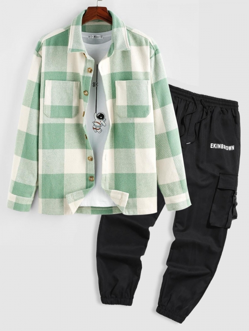 ZAFUL Men's Plaid Pattern Double Pockets Wool Blend Shacket and Letter Printed Multi-pocket Cargo Pants Set Light green