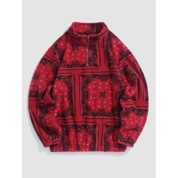 ZAFUL Men's ZAFUL Fluffy Fleece Ethnic Printed Quarter Zip Mock Neck Sweatshirt Xxl Red