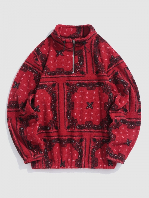 ZAFUL Men's ZAFUL Fluffy Fleece Ethnic Printed Quarter Zip Mock Neck Sweatshirt Xxl Red