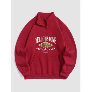 ZAFUL Men's YELLOWSTONE NATIONAL PARK Trees Graphic Pattern Quarter Zip Fleece-lined Sweatshirt S Red