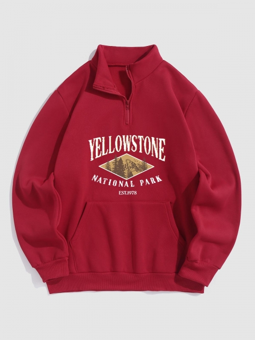 ZAFUL Men's YELLOWSTONE NATIONAL PARK Trees Graphic Pattern Quarter Zip Fleece-lined Sweatshirt S Red