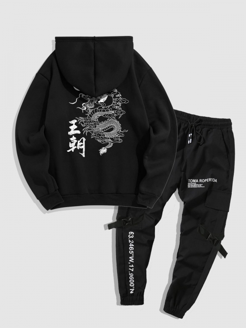 ZAFUL Men's Dynasty Chinese Character Dragon Oriental Graphic Fleece Lining Hoodie and Cargo Jogger Techwear Pants Set Black