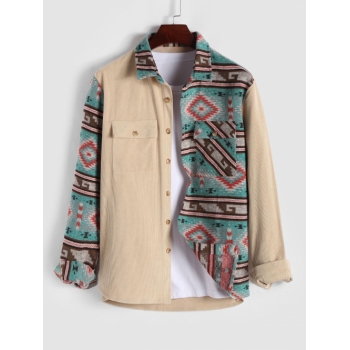 ZAFUL Men's Flap Pocket Ethnic Aztec Printed Woolen Corduroy Spliced Shacket S Light coffee