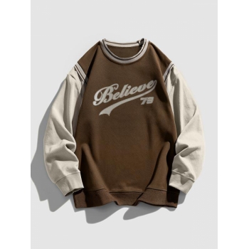 ZAFUL Men's Blokecore Letter Printed Colorblock Faux Twinset Sweatshirt L Deep coffee