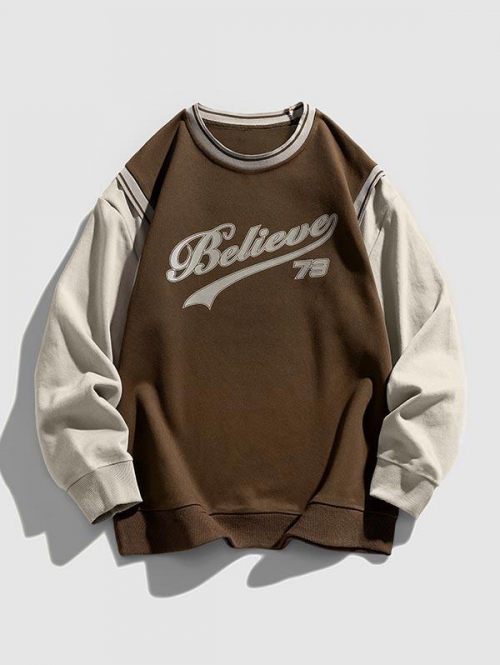 ZAFUL Men's Blokecore Letter Printed Colorblock Faux Twinset Sweatshirt L Deep coffee