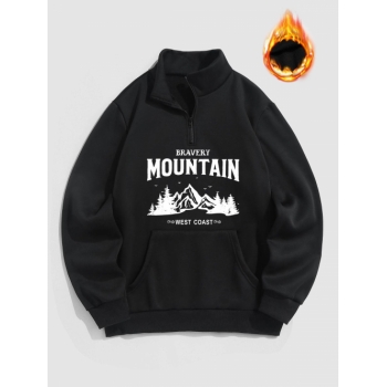 ZAFUL Men's Letter and Mountain Pattern Quarter Zip Fleece-lined Sweatshirt L Black