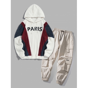 ZAFUL Men's PARIS Embroidered Fuzzy Pullover Hoodie and Cargo Jogger Techwear Pants Set White