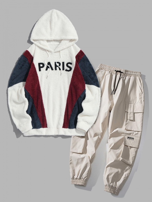 ZAFUL Men's PARIS Embroidered Fuzzy Pullover Hoodie and Cargo Jogger Techwear Pants Set White