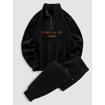 ZAFUL Men's C' EST LA VIE Letter Embroidered Polar Fleece Sweatshirt and Sports Jogger Pants Set Black