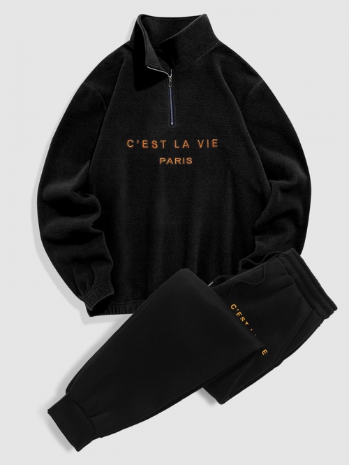 ZAFUL Men's C' EST LA VIE Letter Embroidered Polar Fleece Sweatshirt and Sports Jogger Pants Set Black