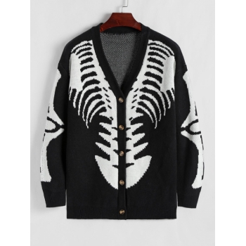 ZAFUL Men's Halloween Skeleton Pattern Button Fly Cardigan S Black