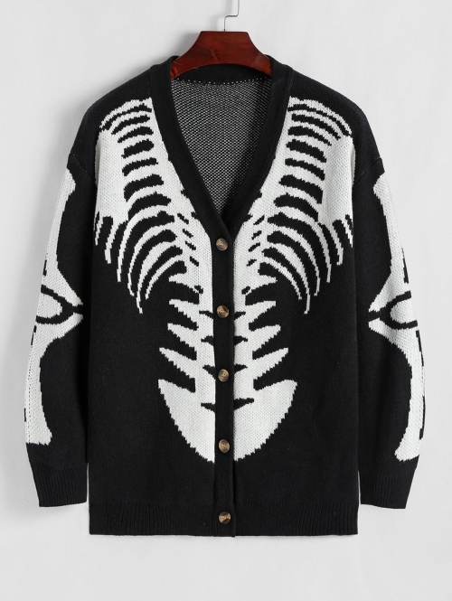 ZAFUL Men's Halloween Skeleton Pattern Button Fly Cardigan S Black