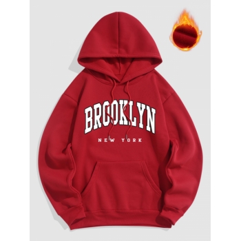 ZAFUL Men's Letter BROOKLYN and NEW YORK Pattern Fleece-lined Essentials Hoodie S Red