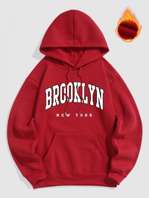 ZAFUL Men's Letter BROOKLYN and NEW YORK Pattern Fleece-lined Essentials Hoodie S Red