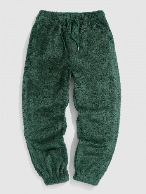 ZAFUL Men's Solid Color Fluffy Teddy Beam Feet Pants L Deep green