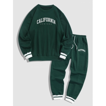 ZAFUL Men's Letter CALIFORNIA Printed Pullover Sweatshirt and Drawstring Jogger Pants Sport Set Outfit S Deep green