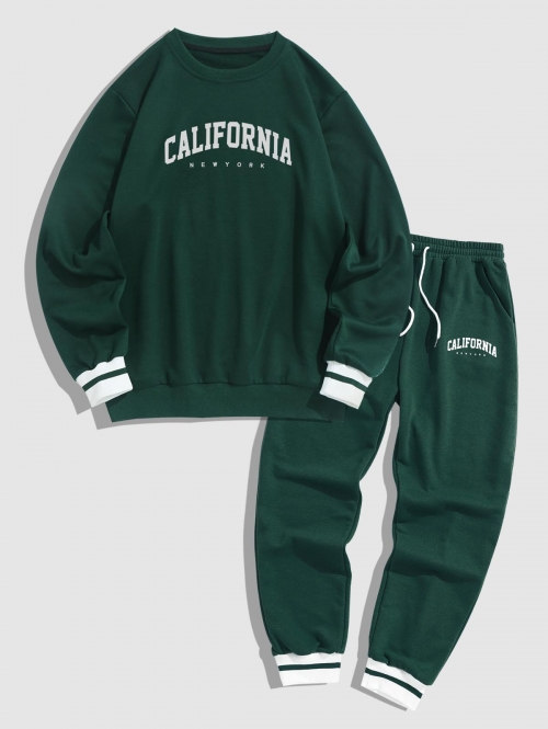 ZAFUL Men's Letter CALIFORNIA Printed Pullover Sweatshirt and Drawstring Jogger Pants Sport Set Outfit S Deep green