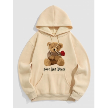 ZAFUL Men's Bear and Rose Graphic Pattern Fleece-lined Hoodie S Light coffee