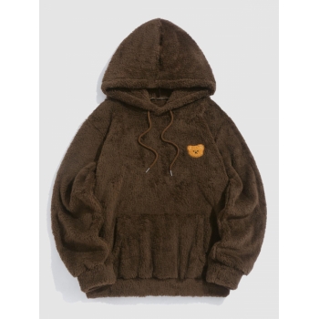 ZAFUL Men's Kangaroo Pocket Bear Pattern Drawstring Fluffy Faux Fur Hoodie L Deep coffee