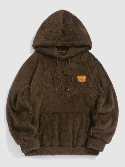 ZAFUL Men's Kangaroo Pocket Bear Pattern Drawstring Fluffy Faux Fur Hoodie L Deep coffee